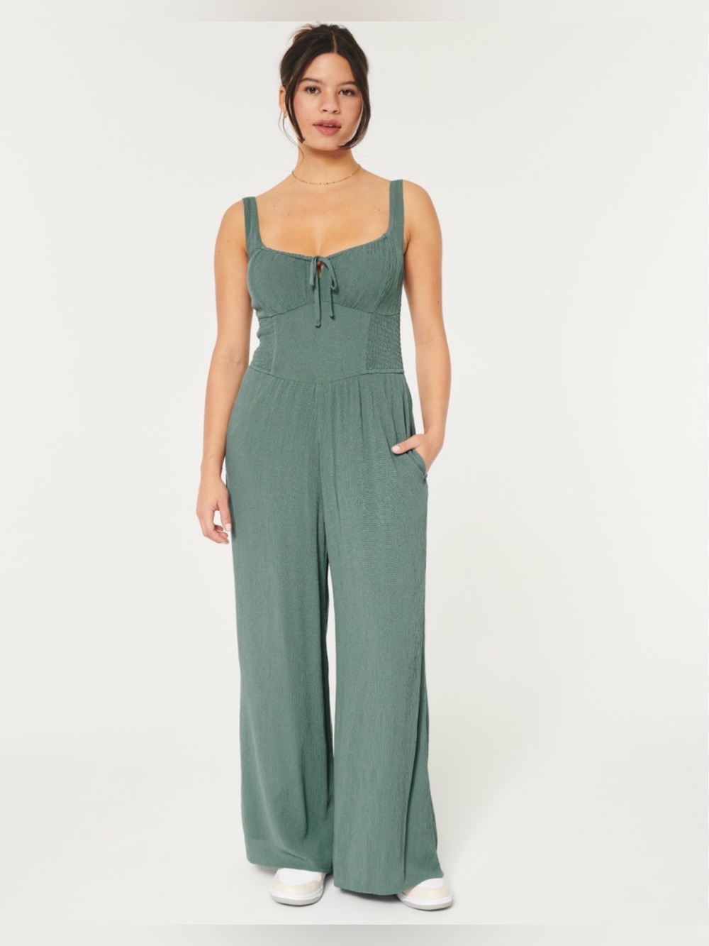 Hollister Sage Green Wide‑Leg Jumpsuit with Tiered Bodice